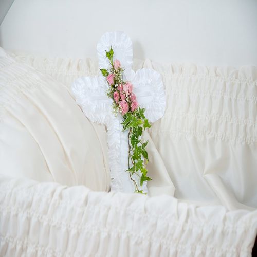 White Satin Cross Pillow w/Pink & Ivy Break