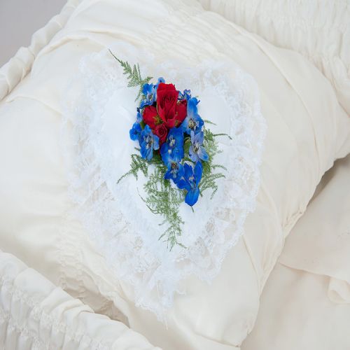 White Satin Heart Pillow w/Blue Delphinium Break